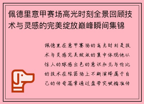 佩德里意甲赛场高光时刻全景回顾技术与灵感的完美绽放巅峰瞬间集锦