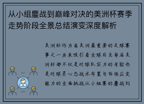 从小组鏖战到巅峰对决的美洲杯赛季走势阶段全景总结演变深度解析